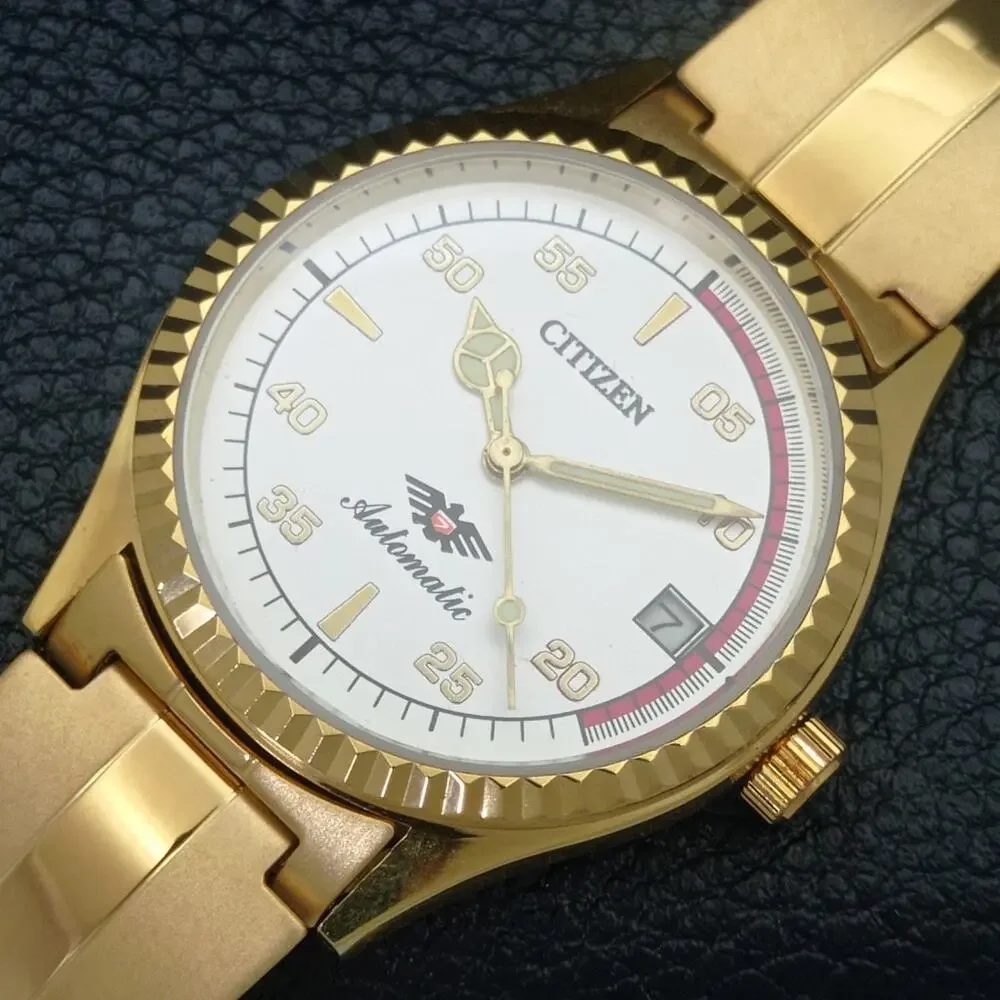 Vintage 1983 Citizen Automatic Mens Gold Watch W/daydate & Red accents